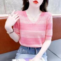 ราคา เสื้อยืดคอวีลำลองสไตล์เกาหลีสำหรับผู้หญิงเสื้อยืดลายเสื้อถักนิตติ้งแขนสั้นเสื้อยืดแฟชั่นแบบกลวง (20070785215)