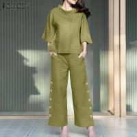 ราคา HijabFab ZANZEA เสื้อผ้าสตรี2ชิ้นชุดเสื้อเชิ้ตมีปกแขน3 4เอวยางยืดสูทกางเกงผู้ชายขาสามส่วน 15 (20868552962)