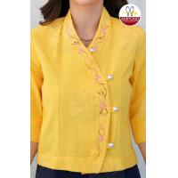 ราคา เสื้อพื้นเมืองผู้หญิงแบบโค้งกระดุมเงินสีเหลืองแขนสามส่วน (21511084390)
