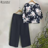 ราคา ZANZEA เสื้อคอวีแขน3 4ผู้หญิงลายดอกไม้ชุดพิมพ์ขากว้างกางเกงผู้ชายขาสามส่วน2ชิ้นชุดลำลอง 3 (21387702669)