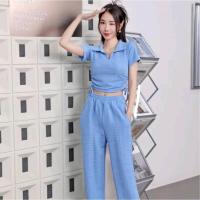 ราคา ชุดเซ็ทผู้หญิง ชุดเว็ทเสื้อเปิดเอวกางเกงขายาว เสื้อครอปแขนสั้น เชือกรูดข้าง เอวลอย กางเกงขายาว TZ818 (21782972518)