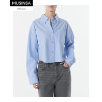 ราคา MUSINSA STANDARD WOMENS STRIPE OVERSIZE CROP POPLIN SHIRT BLUE (21716499037)