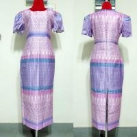 ราคา เดรสสีม่วงพาสเทล เดรสลายไทย เดรสใส่ทำงาน เดรสแขนกลีบบัว (20022964552)