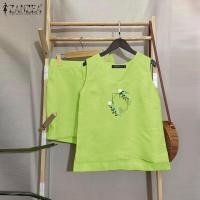 ราคา ZANZEA ชุดสูท2ชิ้นสำหรับผู้หญิงชุดกางเกงขาสั้นกระเป๋าด้านข้างเสื้อเปิดไหล่แขนยาวปักลายขากว้างสำหรับแขนกุดแบบลำลอง 3 (21788243440)