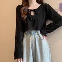 ราคา zhouyiping Shop พร้อมส่ง เสื้อแขนยาวไหมพรม สีขาวดำดีเทลผูกเชือกปลายเสื้อลูกไม้น่ารัก 7650 (19890638126)