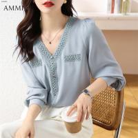 ราคา AMMIN สไตล์เกาหลีแขนยาวผู้หญิง Retro V คอลูกไม้เสื้อชีฟอง2023ใหม่เสื้อแฟนเกาหลีชีฟองระบายลูกไม้เสื้อผ้าชีฟอง (17740091022)