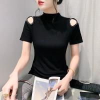 ราคา YIMEI ลูกปัดติดเล็บแบบเซ็กซี่คอปาดผ่าครึ่งฤดูใบไม้ผลิ2023เสื้อยืดฤดูร้อนแขนสั้นสีดำทรงสลิมฟิตสำหรับแฟชั่นของผู้หญิงเสื้อเชิ้ตตัวเล็ก (21492140133)