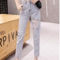 ราคา SODSAI พร้อมส่ง กางเกงยีนส์ ว แต่งขาด เอวสูง ปักลูกปัดมุก แต่งขาด สไตล์เกาหลี (21030714575)