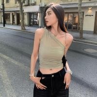 ราคา Beautifultime เสื้อกล้ามผู้หญิงไหล่ข้างเดียวแต่งระบายสายบางพอดีเปิดหลังเสื้อยืดเอวลอย (21932095375)