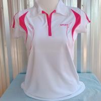 ราคา เสื้อออกกำลังกาย เสื้อกีฬา Sports สีขาวแถบชมพู คอปก คอวี เนื้อผ้าคุณภาพสูง Polyester (21470909423)