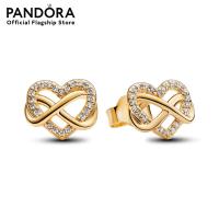 ราคา Pandora Infinity Heart 14K Gold Plated Stud Earrings (21546347964)