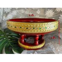 ราคา ขันโตก ไม้ จามจุรี พาน 12 14 นิ้ว ลายหนอน แดงทองสด รุ่นทองเยอะ เดินเส้นประดับกระจกหลากสี ขันโตกสีแดง พาน พานโตก ลายไทย ทำแบบทองเก่าโบราณ (8667115230)