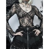 ราคา เสื้อครอปลูกไม้คอวีสำหรับผู้หญิงเสื้อยืดตาข่ายโปร่งแสงเสื้อแขนยาวแนวพังค์เข้ารูปพอดี (21118063365)