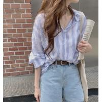 ราคา I fashion store 2203 สีฟ้าและสีขาวลายเสื้อเชิ้ตผู้หญิงใหม่แขนยาวกลาง เสื้อครีมกันแดดความยาว (21642097275)