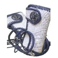 ราคา กระเป๋าหนังจระเข้ทรงยาว สีขาวเป็นหนังจระเข้ พร้อมเชือกหนังถัก มีกระดุมปิดกระเป๋า (21768054223)