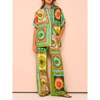 ราคา เสื้อเชิ้ตพิมพ์ลายดอกทานตะวัน ผลไม้ชุดแขนสั้น2ชิ้นลำลองสำหรับผู้หญิง ชุดใส่ชายหาดชุดกางเกงหูรูด (21728156008)