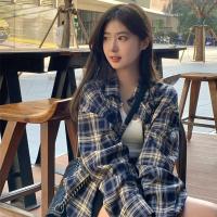 ราคา mimi didi เสื้อเชิ้ตแขนยาวลายสก๊อต เสื้อแฟชั่นผู้หญิง คอปกสีน้ำเงินแฟชั่นเกาหลีสไตล์วีนเทจ เสื้อลำลอง W270 (21671558714)