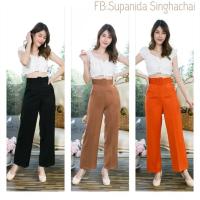 ราคา กางเกงทรงกระบอกใหญ่ ใส่ทำงานได้ ดีเทลเข็มขัด ซิปหลัง มีกระเป๋า 2 ข้าง เอวสูง ผ้าฮานาโกะ (3831758520)