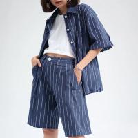 ราคา Closet Crush ชุดเซ็ตเสื้อเชิ้ตแขนสั้นและกางเกงขาสั้น3ส่วนลายทาง สีน้ำเงิน (21954390457)