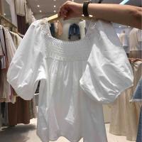 ราคา เสื้อผ้าผู้หญิงไซส์ใหญ่พิเศษสำหรับสาวอวบเสื้อเชิ้ตคอเหลี่ยมเย็บกลวงผู้หญิงใส่แล้วดูผอม 2023 เสื้อแขนพองแบบใหม่ฤดูร้อน (21393819600)