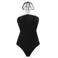 ราคา 2pc set Elegant Solid Color Women Beach Swimsuit One Piece Black Beaded Neck Tie Swimwear Ruffled with Mesh Perspective Cover Up Skirt (21298360648)