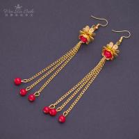 ราคา ต่างหูสไตล์โบราณจีนด้วยธง โซ่ทอง ปักหมุด ลูกปัดสีแดง ตะขอหูด้วยเข็มสําหรับชุดคิเปา (13004768066)