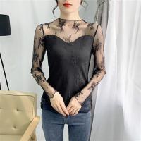 ราคา เสื้อเบลาส์เย็บปักขนาดใหญ่พิเศษลูกไม้สำหรับผู้หญิงผ้าตาข่ายคอสูงครึ่งเสื้อซับในแขนยาวแบบบางพอดี (21361247439)