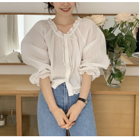 ราคา เสื้อแขนยาวสีขาวสไตล์เกาหลี งานปักลูกไม้ ทรงบอลลูน สวยหวานไม่บาง สินค้าพร้อมส่ง Y17 (21434098062)