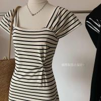 ราคา Missulu เดรสแฟชั่นสไตล์ฝรั่งเศสสำหรับผู้หญิงเดรสคอเหลี่ยมลายขวางกระโปรงยาวทรงเอ (21937838087)