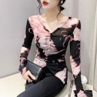 ราคา YIMEI เสื้อตาข่ายพิมพ์ลายมัดย้อมสำหรับผู้หญิงเสื้อคอวีคอวีคอวีชุดกันแดดแขนยาวใหม่ฤดูร้อน (18444747651)