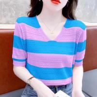 ราคา เสื้อยืดคอวีลำลองสไตล์เกาหลีสำหรับผู้หญิงเสื้อยืดลายเสื้อถักนิตติ้งแขนสั้นเสื้อยืดแฟชั่นแบบกลวง (20070785208)