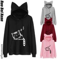 ราคา Ruo Bei Xuan ใหม่ เสื้อกันหนาวแขนยาวผู้หญิงมีฮู้ดหูแมว พิมพ์ลายแมวน้อยนอนหลับ (16016860265)