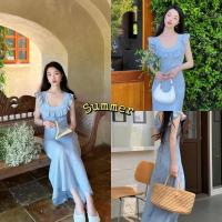 ราคา พร้อมส่ง ชุดเดรสลายดอกไม้ สไตล์ฝรั่งเศส แฟชั่นฤดูใบไม้ผลิ สีฟ้า เรโทร ชุดเดรสแขนกุด 2024 (21761362374)