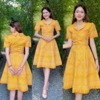 ราคา เดรสผ้าไทยสีเหลือง ผ้าทอลาย อัดกาวทั้งชุด คอปก ทรงย้วย ซิปหลัง (21454412514)