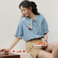 ราคา เสื้อเชิ้ตผูกโบว์คอบัวสวยหวานแมทช์ง่ายสไตล์เกาหลีสำหรับผู้หญิงเสื้อเชิ้ตยีนส์แบบบางสำหรับฤดูร้อน2024แนววินเทจสไตล์โมริใส่ในชีวิตประจำวัน (21852362113)