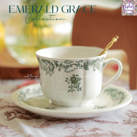 ราคา Violet Flamingo จานชามเซรามิคสีขาวลายดอกสีเขียว รุ่น Emerald Grace จานชามสไตล์อังกฤษ เข้าไมโครเวฟได้ (22034268774)