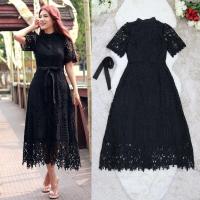 ราคา เดรสลูกไม้ดำออกงาน L 5XL Maxi Dress เดรสลูกไม้สีดำแขนสั้นกระดุมหน้า สายผูกเอว งานป้าย DNY (22110474225)