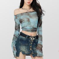 ราคา Ruo Bei Xuan เสื้อแขนยาวสำหรับผู้หญิงเสื้อเอวลอยแขนยาวสะพายไหล่ข้างเดียวย้อมสีเสื้อยืดผ้าตาข่าย (21598929322)