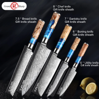 ราคา 100 Real Damascus Steel Kitchen Knives 67 Layers VG10 Chef Knife Cleaver Paring Bread Knife Blue Resin and Color Wood Handle 1 5PCS Set พร้อมส่ง มีดครัวดามัสกัสจริง 100 มีดเชฟเหล็กดามัสกัสญี่ปุ่น (219