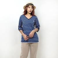 ราคา PORTLAND เสื้อยืดริ้วแขน 3 ส่วน V Neck Striped T Shirt with Embroidery Blue (21471355006)