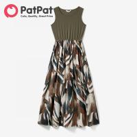 ราคา PatPat แม่และฉันสีเขียวทหารเสื้อกล้ามประกบชุดเดรสลายดอกไม้ (21461465645)