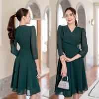 ราคา PD106 Sunshine Dress เดรสผ้าชีฟอง คอวีป้าย แต่งเพชร แขนห้าส่วน กระโปรงบานย้วย (21425813796)
