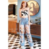 ราคา กางเกงยีนส์ขากระบอก แต่งขาดเซอร์จีบหน้า ผ้าไม่ยืด กางเกงยีนส์เทรนด์เกาหลีสุดฮิต งานป้ายVolume jeans (19669827928)