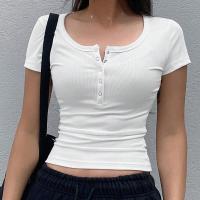 ราคา BRANCHÉ เสื้อยืดแขนสั้นคอตั้งธรรมดาเปิดอกเซ็กซี่ลำลองสไตล์เกาหลีเสื้อยืดเบดี้คอน24060163401 (22089314621)