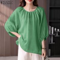 ราคา HijabFab ZANZEA Women Round Neck 3 4 Sleeve Blouse Casual Loose Solid Pleated Pullover Tops (21496675579)