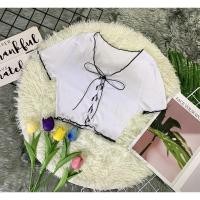 ราคา Lalanta vintage เสื้อครอป แขนสั้น เอวลอย เชือกรูด ผ้าร่อง แต่งขอบหยัก เซ็กซี่ (21847091851)