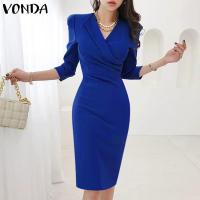 ราคา 617VONDA Womens Business Work OL V Neck 3 4 Sleeve Collect Waist Solid Midi Dresses Dress Korean Commuting (22067432368)