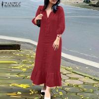 ราคา Celmia ZANZEA Womens Plain Midi Dress Casual Loose Ruffle Sundress Lantern 3 4 Sleeve V Neck Dresses 8 (20426330313)