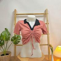 ราคา เสื้อครอปแขนสั้น คอปกโปโล แบบผูกเชือก เข้ารูป (20234094438)