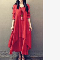 ราคา ชุดเดรสยาวสองชิ้นสไตล์ยาวเข้ารูปสำหรับฤดูใบไม้ผลิและ2023ชุดเดรสป่านแขนยาวผ้าปอ (21938374197)